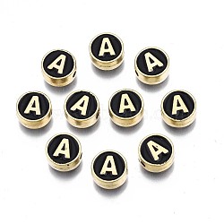 Alloy Enamel Beads, Cadmium Free & Lead Free, Light Gold, Flat Round with Alphabet, Black, Letter.A, 8x4mm, Hole: 1.5mm(X-ENAM-N052-006-02A-RS)