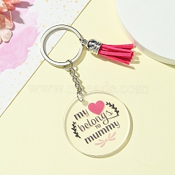 Acrylic Keychain, with Medium Violet Red Tassel, Flat Round, Word, 10cm(KEYC-YW00085-02)