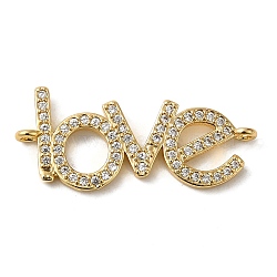 Rack Plating Brass Micro Pave Clear Cubic Zirconia Connector Charms, Word Love Links, Long-Lasting Plated, Lead Free & Cadmium Free, Real 18K Gold Plated, 11.5x27x2mm, Hole: 1.2mm(KK-K377-24G)