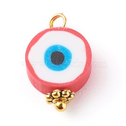 Polymer Clay Charms, with Brass Findings, Flat Round with Eye Pattern, Indian Red, 14x9x5mm, Hole: 1.8mm(PALLOY-JF00685-02)