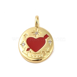 Brass Micro Pave Cubic Zirconia Pendants, with Enamel, Real 18K Gold Plated, Heart with Arrow, Red, 26x17x2.5mm, Hole: 4mm(KK-E111-05G)