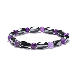 Round Natural Amethyst Stretch Bracelets, with Magnetic Synthetic Non-Magnetic Synthetic Hematite Beads and Elastic Cord, 50mm(X-BJEW-G072-10)