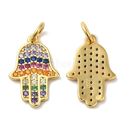 925 Sterling Silver Micro Pave Cubic Zirconia Pendants, Hamsa Hand/Hand of Miriam Charm, with Jump Ring & 925 Stamp, Real 18K Gold Plated, 15.5x10x1mm, Hole: 3mm(STER-I010-33G)