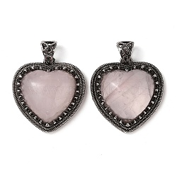 Natural Rose Quartz Pendants, Heart Charms, with Rack Plating Antique Silver Tone Brass Findings, Cadmium Free & Lead Free, 28.5x27x9mm, Hole: 7x5mm(G-A095-01AS-02)