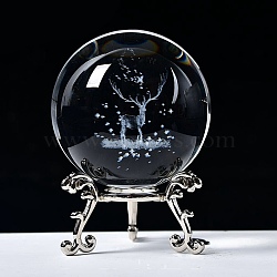 Carving Crystal Ball, Glass Sphere Decoration, with Platinum Tone Alloy Stand, Clear, Deer, 60mm(PW-WG57829-24)