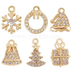 12Pcs 6 Style Brass Micro Pave Cubic Zirconia Charms, Nickel Free, for Christmas, Snowflake/Christmas Tree/Bell, Real 18K Gold Plated, Clear, 9.5~12x8~9x2~2~2.5mm, Hole: 1~1.2mm, 2pcs/style(KK-BBC0005-29)