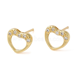 Rack Plating Brass Hollow Heart Stud Earrings, with Cubic Zirconia, Lead Free & Cadmium Free, Real 18K Gold Plated, 9x10.5mm(EJEW-M235-03G)