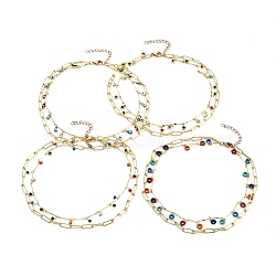 Brass Enamel Double Layer Necklaces, with Bar Links Chains, Paperclip Chains and Lobster Claw Clasps, Mixed Shapes, Colorful, Real 18K Gold Plated, 13.58 inch~14.53 inch(34.5~36.9cm)(NJEW-JN02831)