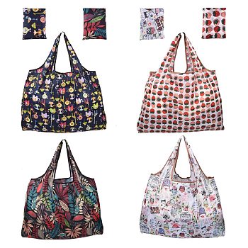 4Pcs 4 Styles Foldable Eco-Friendly Nylon Grocery Bags, Reusable Waterproof Shopping Tote Bags, with Pouch and Bag Handle, Mixed Patterns, 52.5x60x0.15cm, 1pc/style