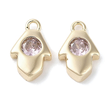 Brass Micro Pave Cubic Zirconia Charms, Real 18K Gold Plated, Hamsa Hand, Pearl Pink, 9x5.5x2mm, Hole: 1mm