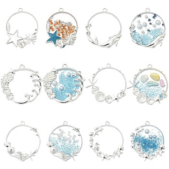 12Pcs 6 Styles Ocean Style Alloy Open Back Bezel Pendants, For DIY UV Resin, Epoxy Resin, Pressed Flower Jewelry, Ring with Sea Animals, Silver, 36~44x34~41mm, Hole: 3mm, 2pcs/style