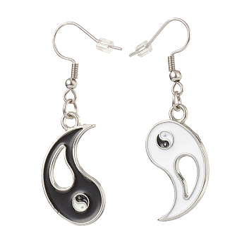 Alloy Enamel Tai Ji Dangle Earrings, 304 Stainless Steel Asymmetrical Earrings for Women, Stainless Steel Color, 49mm, Pin: 0.7mm