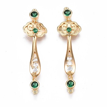 Brass Micro Pave Clear & Green Cubic Zirconia Connector Charms, Nickel Free, Jade Ruyi Shape, Green, 38x10x4mm, Hole: 0.8mm