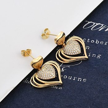 Brass Micro Pave Clear Cubic Zirconia Dangle Stud Earrings for Women, Heart, Real 18K Gold Plated, 29x21.5mm