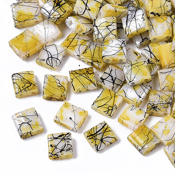 2-Hole Drawbench Glass Seed Beads, Opaque Spray Painted, Rectangle, Yellow, 5x4.5~5x2~2.5mm, Hole: 0.5~0.8mm