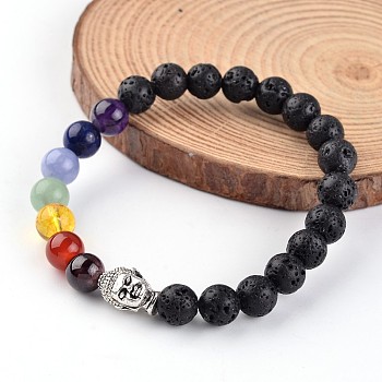 Buddha Head Natural Lava Rock Beaded Chakra Stretch Bracelets, with Gemstone Beads and 
Tibetan Style Alloy Beads, 53mm