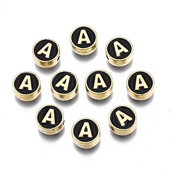Alloy Enamel Beads, Cadmium Free & Lead Free, Light Gold, Flat Round with Alphabet, Black, Letter.A, 8x4mm, Hole: 1.5mm