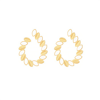 Golden 304 Stainless Steel Stud Earrings with Enamel, Teardrop with Leaf, White, 28.6x23mm