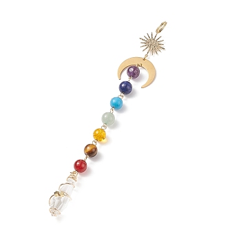 7 Chakra Gemstone Beaded Pendant Decorations, Glass Bullet Shape Suncatchers, with 201 Stainless Steel Moon, Brass Sun, Golden, 210mm