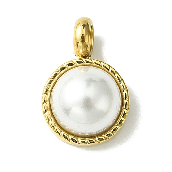 Ion Plating(IP) 304 Stainless Steel Pave Shell Pearl Half Round Charms, Real 14K Gold Plated, 14.5x10x5.5mm, Hole: 3mm
