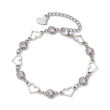 Alloy Heart Link Bracelet with Clear Cubic Zirconia, Platinum, 7-5/8 inch(19.5cm)