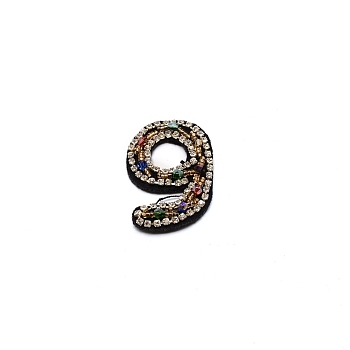 Number Colorful Rhinestone Patches, Sew on Appliques, Costume Accessories, for Clothes, Bag Pants, Shoes, Cellphone Case, Num.9, 51x33x6mm