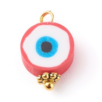 Polymer Clay Charms, with Brass Findings, Flat Round with Eye Pattern, Indian Red, 14x9x5mm, Hole: 1.8mm