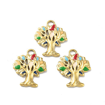 304 Stainless Steel Pendants, with Enamel, Tree Charm, Golden, 21.5x17x2mm, Hole: 3mm