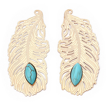 Brass Big Pendants, with Synthetic Turquoise, Feather Charm, Light Gold, 60x27x4.5~5.5mm, Hole: 1.6~1.8mm