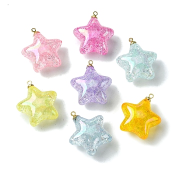 Transparent Crackle Acrylic Pendants, with Iron Loops, Star, Mixed Color, 26x23x13.5mm, Hole: 2mm