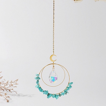 Electroplate Glass Teardrop Window Hanging Suncatchers, Synthetic Turquoise Chips & Golden Brass Moon Pendants Decorations Ornaments, 330x85mm