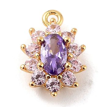 Eco-Friendly Brass Micro Pave Cubic Zirconia Charms, Cadmium Free & Lead Free, Real 18K Gold Plated, Flower, Purple, 11.5x7.5x4mm, Hole: 1mm