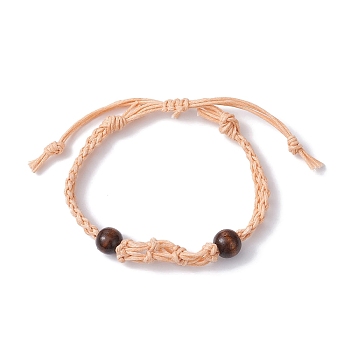 Adjustable Braided Waxed Cotton Macrame Pouch Bracelet Making, Interchangeable Empty Stone Holder, with Wood Bead, PeachPuff, 1/4 inch(0.65cm), Inner Diameter: 2-1/4~3-5/8 inch(5.8~9.2cm)