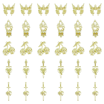 40Pcs 5 Style Alloy Pendants, Skull & Butterfly & Skull & Heart & Sword, Light Gold, 25.5~47.5x15~28x4~7mm, Hole: 1.8~2mm, 8pcs/style