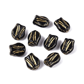 Glass Beads, Tulip, Golden Metal Enlaced, Black, 8.5~9x7~7.5x5mm, Hole: 0.9~1mm