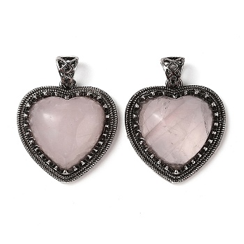 Natural Rose Quartz Pendants, Heart Charms, with Rack Plating Antique Silver Tone Brass Findings, Cadmium Free & Lead Free, 28.5x27x9mm, Hole: 7x5mm