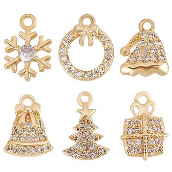 12Pcs 6 Style Brass Micro Pave Cubic Zirconia Charms, Nickel Free, for Christmas, Snowflake/Christmas Tree/Bell, Real 18K Gold Plated, Clear, 9.5~12x8~9x2~2~2.5mm, Hole: 1~1.2mm, 2pcs/style