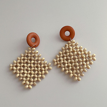 Woven Wood Rattan Dangle Earrings for Women, Rhombus
