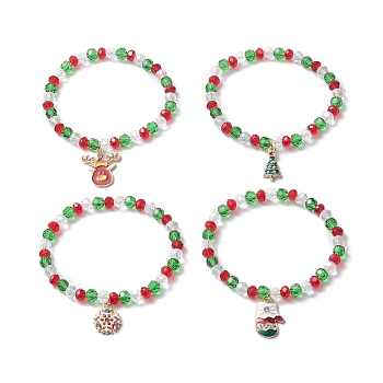 4Pcs 4 Style Glass Beaded Stretch Bracelets Set, Christmas Tree & Deer & Glove & Snowflake Alloy Enamel Charms Stackable Bracelets for Women, Colorful, Inner Diameter: 2 inch(5.1cm), 1Pc/style