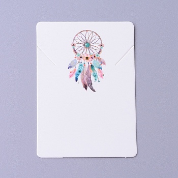 Cardboard Necklace Display Cards, Rectangle with Woven Net/Web & Feather Pattern, White, 6.95x5x0.05cm