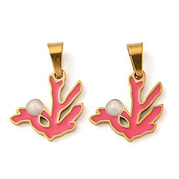 316 Surgical Stainless Steel Charms, with Enamel, Coral Shape Charm, Golden, Hot Pink, 14x14x2mm, Hole: 5x3mm