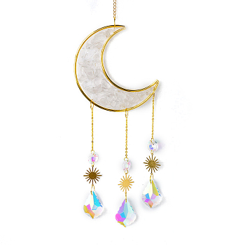Natural Quartz Crystal Chips Moon Pendant Decoration, Hanging Suncatchers, with Glass Teardrop Charm, for Home Garden Decoration, 400mm