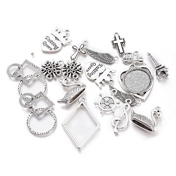 Mixed Shapes Alloy Pendants, Mixed Style, Platinum, 2.5~39x2.5~33x1~8mm, Hole: 1~3mm, Tray: 18mm