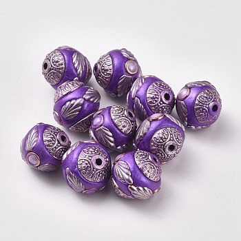 Handmade Indonesia Beads, with Metal Findings, Antique Silver & Light Gold Plated, Round, Purple, 14~15x14~15mm, Hole: 1.5~2mm
