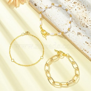 3Pcs 3 Style Aluminium Paperclip & Brass Curb & Imitation Pearl Acrylic Beaded Link Chain Bracelets Set(BJEW-FS0001-08)-5