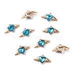 Zinc Alloy Rhinestone Pendants, Heart Charms with Wings, Golden, Aquamarine, 13.5x24.5x5mm, Hole: 1.8mm(ALRI-TAC0003-24G)