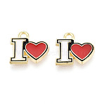 Alloy Enamel Pendants, Letter I & Heart Charms, Golden, Red, 11.5x12.5x1.5mm, Hole: 1.4~1.5mm(ENAM-T024-94A-G)