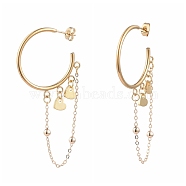 304 Stainless Steel Dangle Stud Earrings, Half Hoop Earrings, with Ear Nuts and Brass Cable Chains, Heart, Golden, 68x33mm, Pin: 0.8mm(EJEW-JE04184-01)