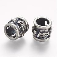 304 Stainless Steel Beads, Hollow, Column with Skull, Large Hole Beads, Antique Silver, 13x14mm, Hole: 9mm(STAS-A032-081AS)