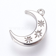 Brass Charms, with Cubic Zirconia, Moon, Platinum, 16x10x2mm, Hole: 1.2~1.5mm(X-ZIRC-G116-06P)